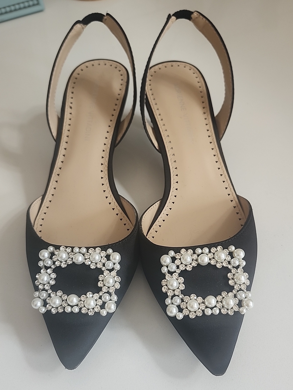 Adrienne Vittadini Black Pearl & Crystal Embellished Slingback Flats